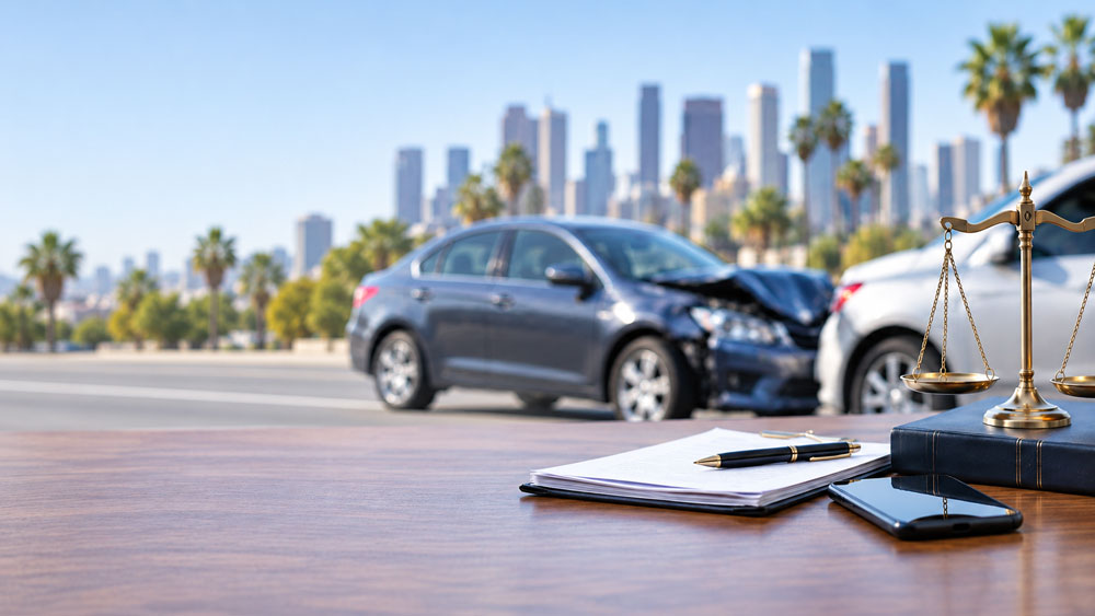 Two cars involved in a collision on a city street with visible front‑end damage, set against a skyline of tall buildings and palm trees, with a desk in the foreground displaying a justice scale, smartphone, pen, and legal documents.